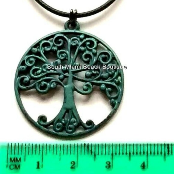 Tree of Life Necklace Celtic Green Patina Brass Pendant Black Cord Chain - Picture 7 of 7